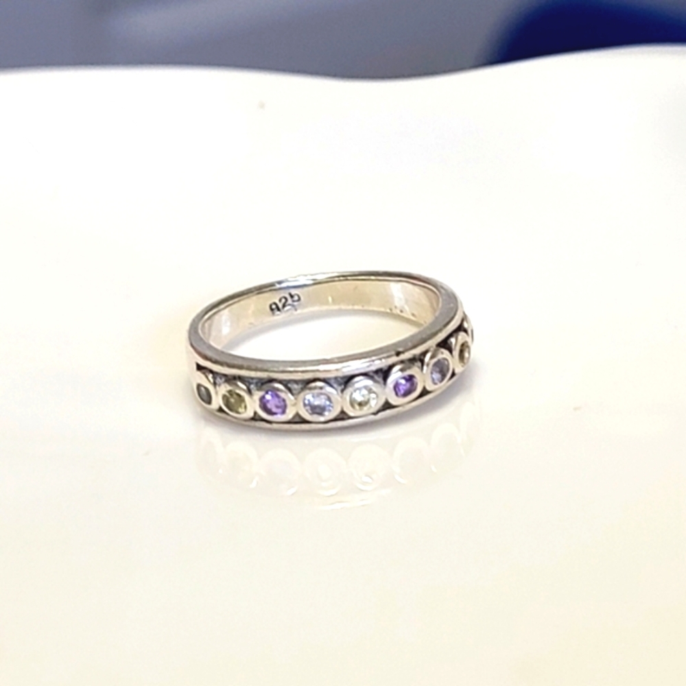 Vintage Sterling Silver Purple Amethyst Yellow Citrine Crystal Band Ring 6